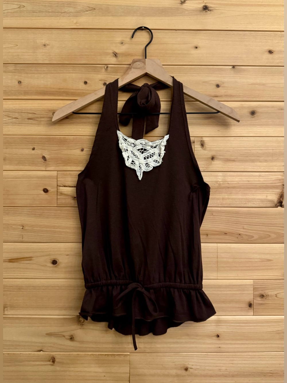 Y2K Vintage Small Brown Crop Halter Top Lace Tie Coquette